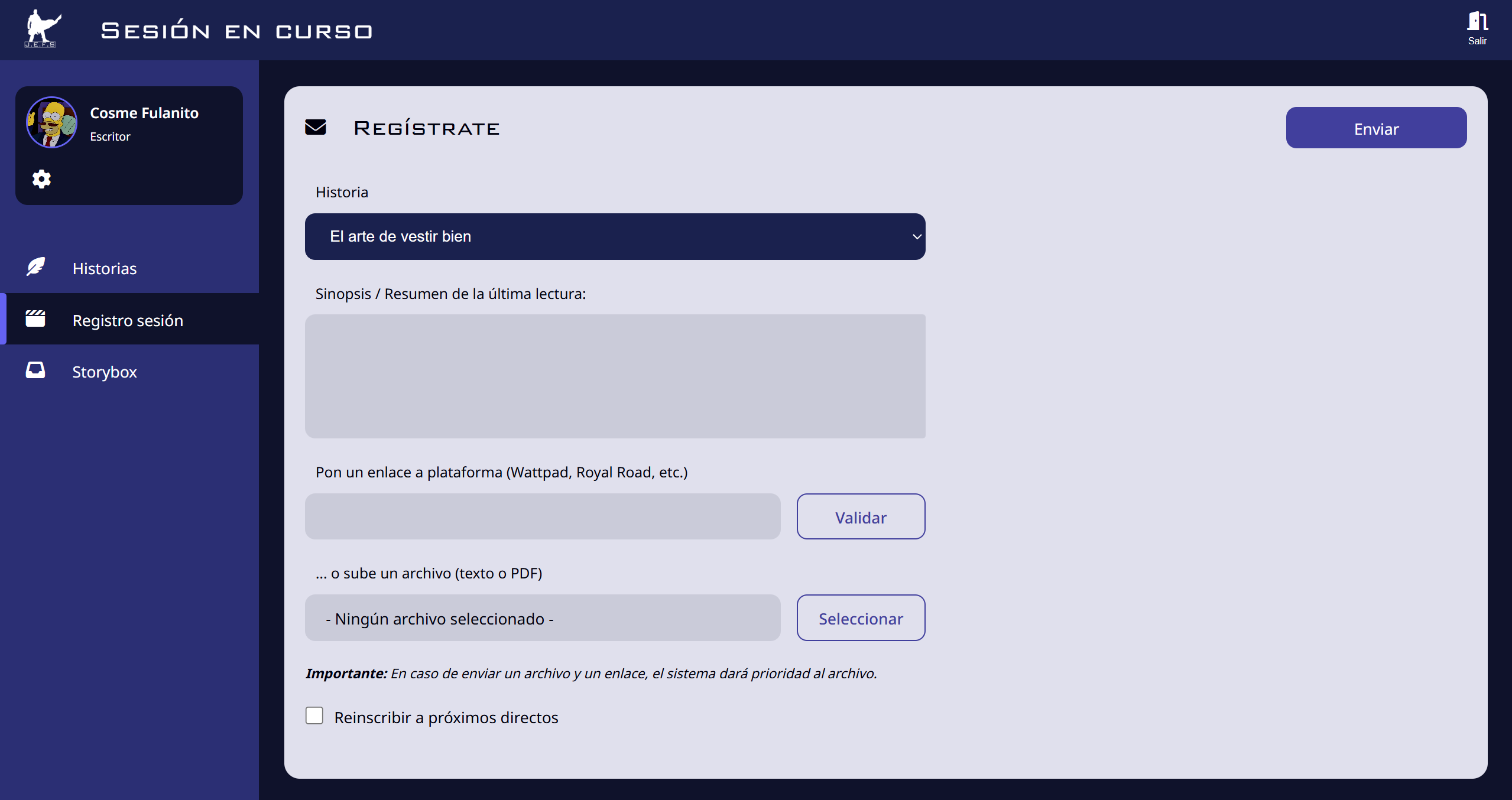 Vista para registrarse en la sesión